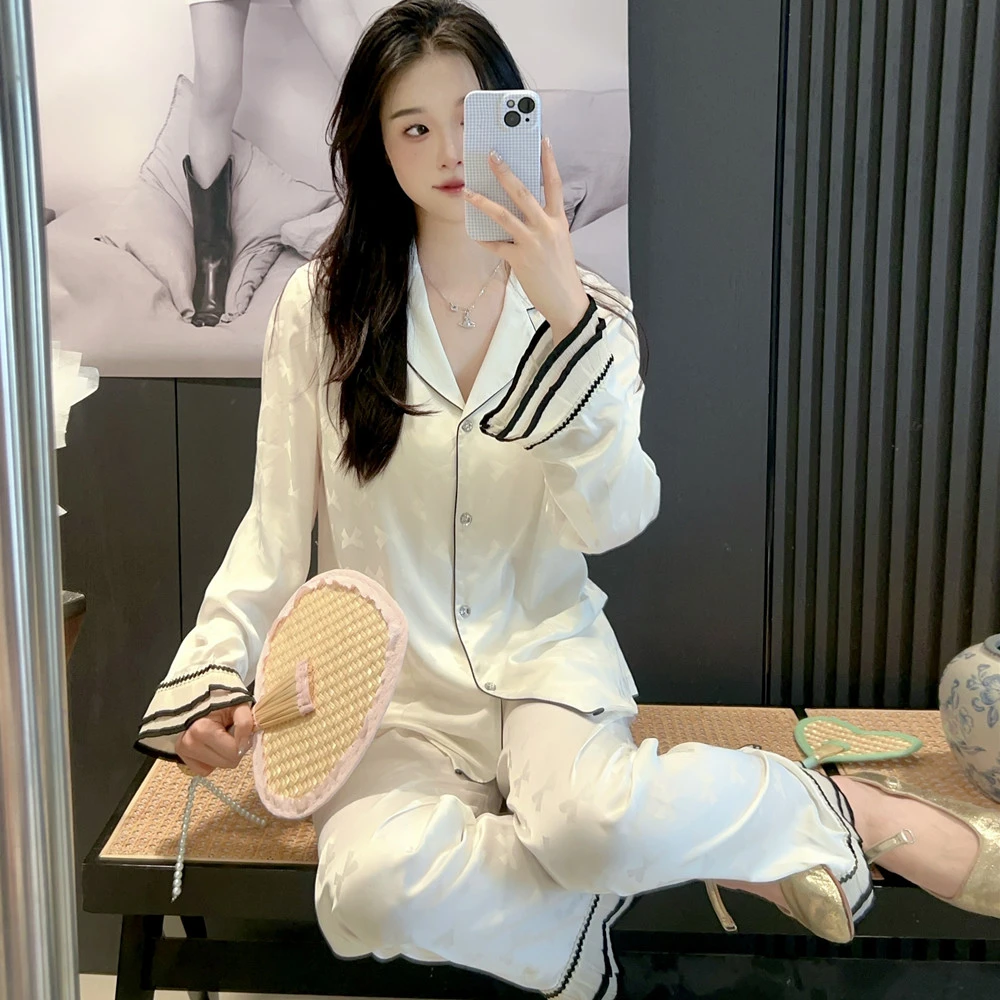 高级感秋冬新款冰丝睡衣女轻奢休闲高级感蕾丝长袖家居服套装女