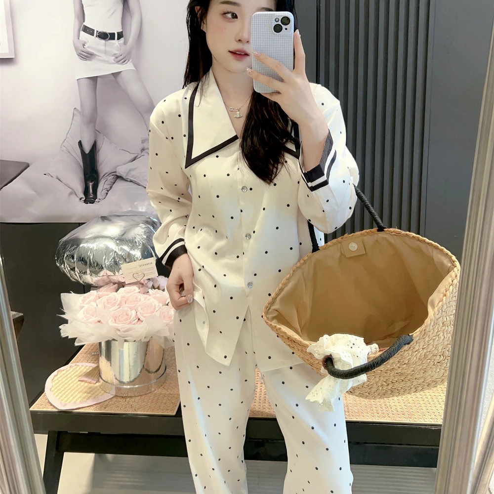 秋季新款轻奢大牌冰丝睡衣春秋高级感长袖时尚波点家居服套装
