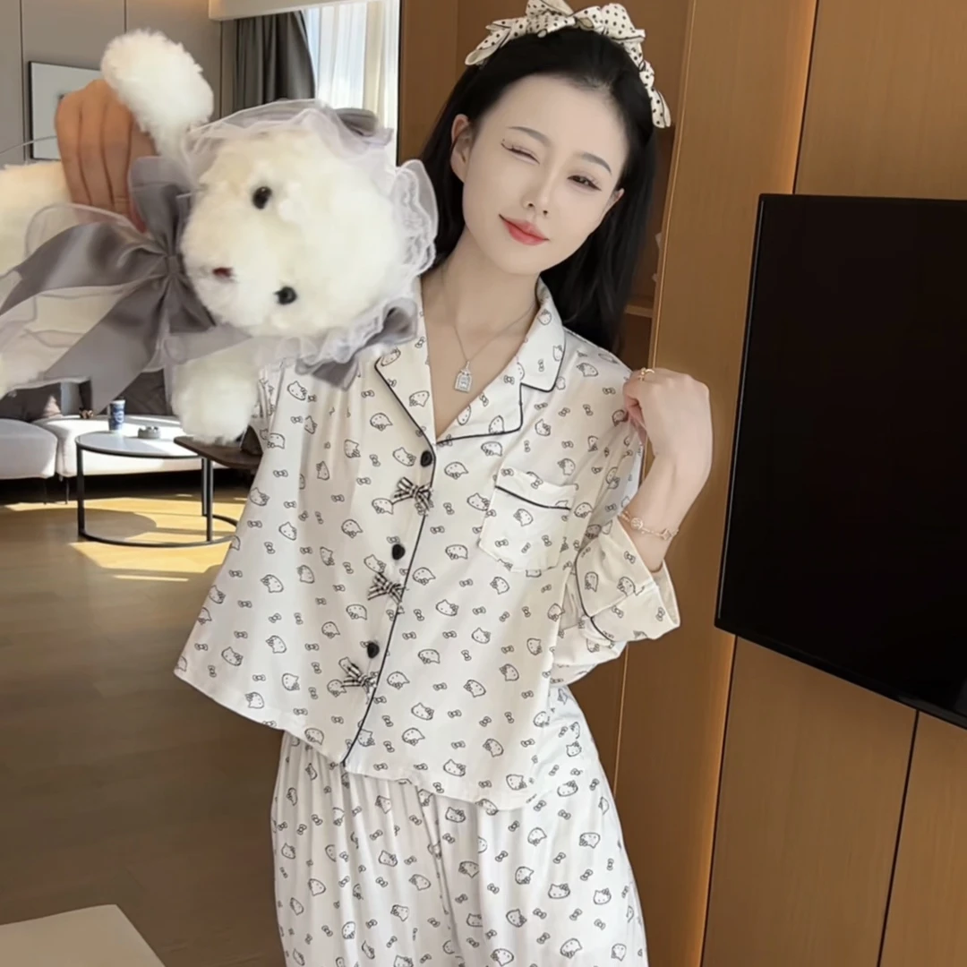 春秋季新款莫代尔亲肤柔软透气睡衣长袖套装家居服可外穿小翻领