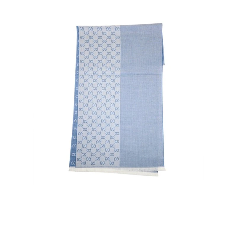 GUCCI/古驰男女同款老花系列双G羊毛流苏白色长款围巾混纺浅蓝色