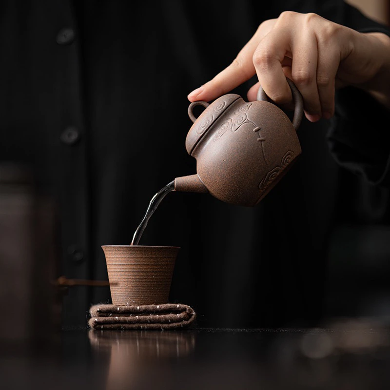 岩矿陶泥材质浮雕祥云锯钉纹理手持茶壶中式禅意茶具复古泡壶复古