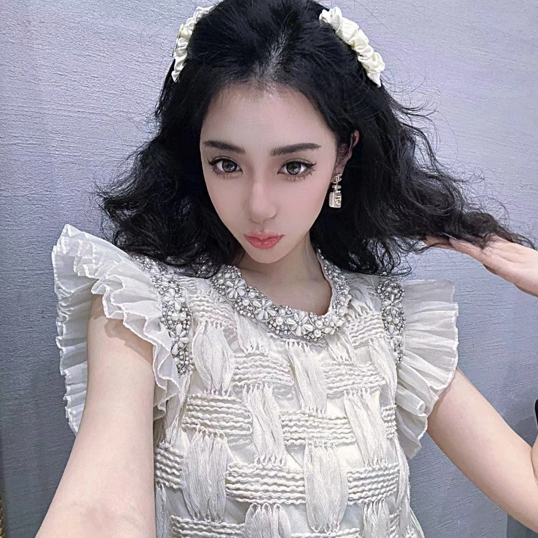 设计师款重工连衣裙女爱丽丝荷叶边亮钻宽松显瘦新款名媛风轻奢潮