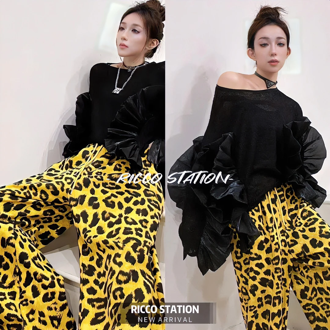 陈腰精CC重工设计师款亮色豹纹休闲裤轻奢名媛风大牌显瘦高档宽松