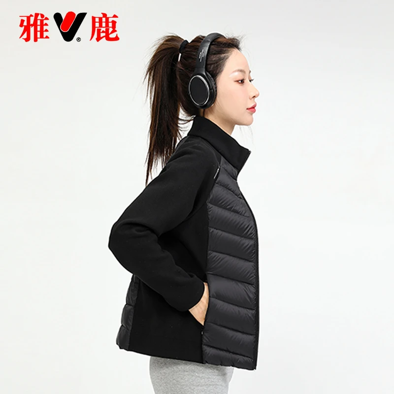 雅鹿2024年新款轻薄90白鸭绒羽绒服女毛呢拼接上衣立领保暖外套潮