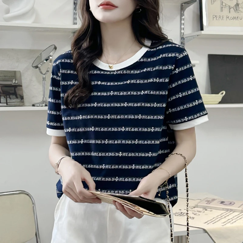 韩版条纹正肩T恤女时尚洋气夏季新款高级感复古短袖上衣121