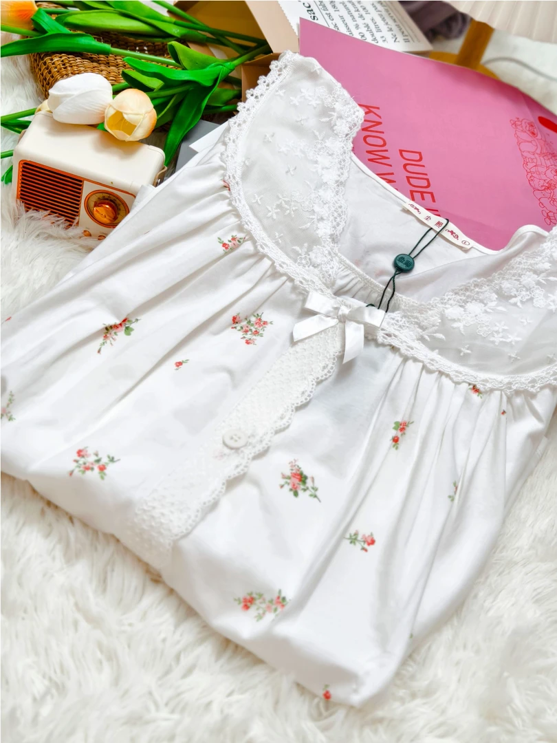 睡衣女春秋长袖长裤套装开衫复古宫廷公主风甜美纯棉家居服23890