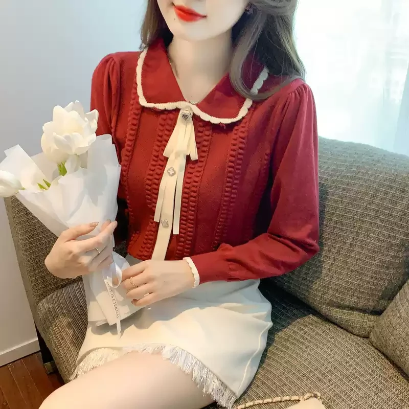 厚毛衣秋冬保暖舒适氛围感毛衣气质显瘦法式娃娃领拼接针织毛衣女