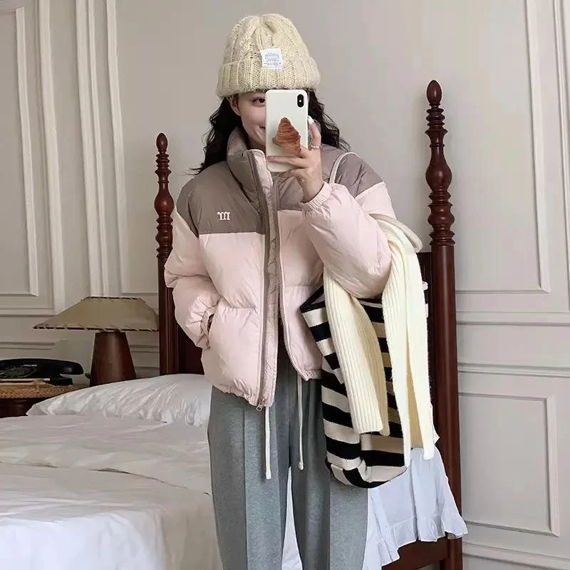 韩版拼色羽服女2023新款加厚面包服小个子短款冬季外套时尚