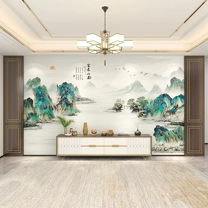 富春山居山水画电视背景墙纸新中式客厅沙发影视墙布定制壁画壁布