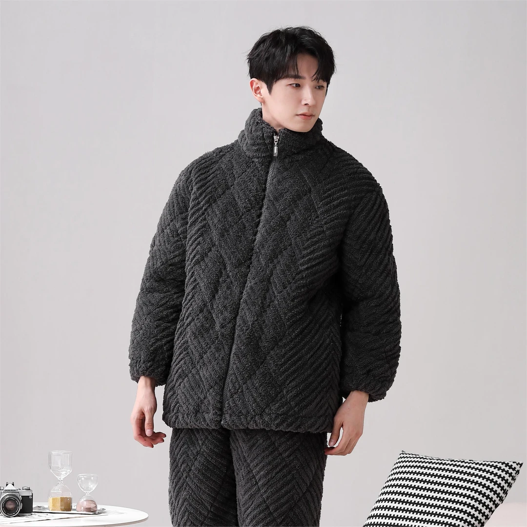 YIHAN-冬季款睡衣男士珊瑚绒三层夹棉保暖保温加厚外穿家居服套装