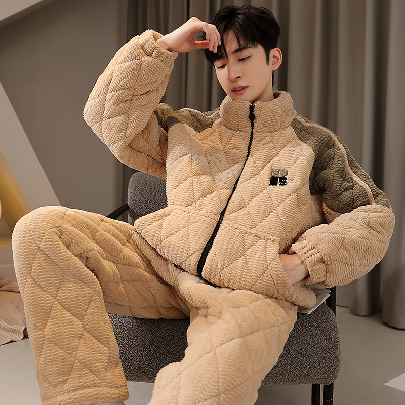 YIHAN-三层夹棉睡衣男冬季新款加绒加厚休闲拉链保暖法兰绒家居服