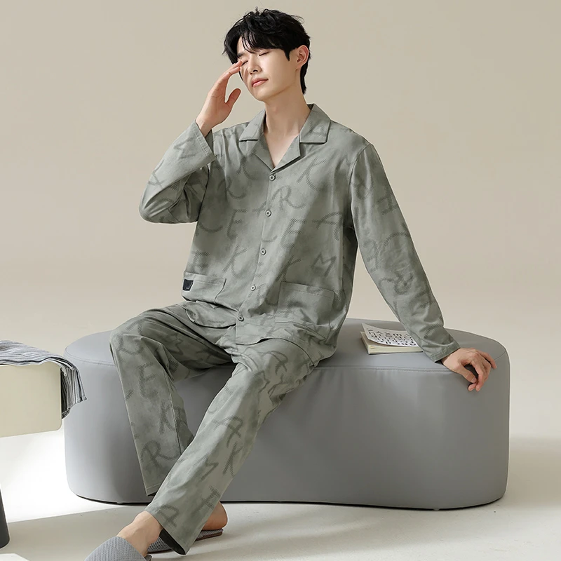 YIHAN-秋冬新款莫代尔棉睡衣男高级亲肤吸汗透气可外穿家居服套装