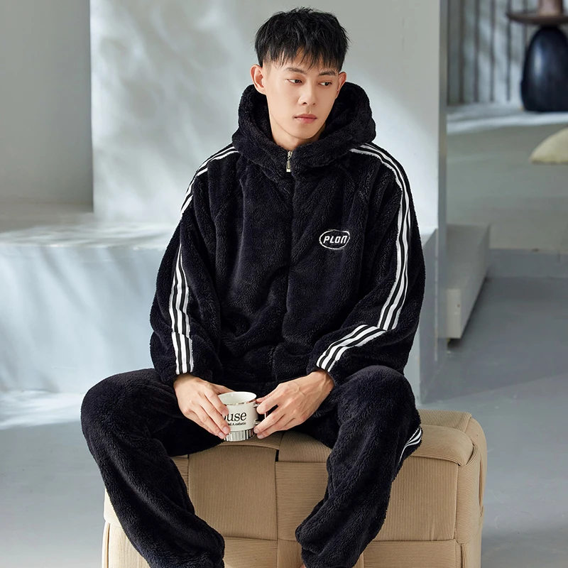 YIHAN-冬季新款男士睡衣法兰绒加厚加绒保暖休闲珊瑚绒家居服套装