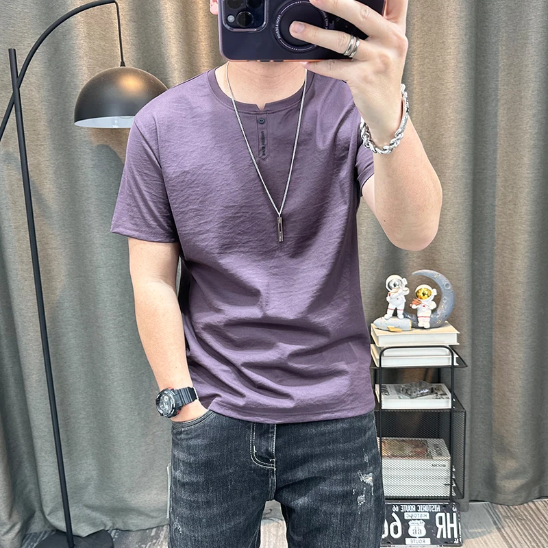纯色短袖t恤衫男士2025夏季新款棉麻薄款半袖体恤衫男装简约上衣