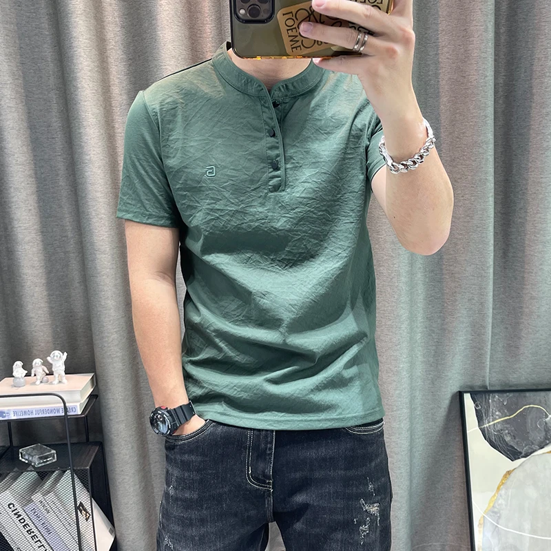 夏季新款40-50岁高档男士短袖中年立领棉麻男装薄款t恤衫半袖上衣