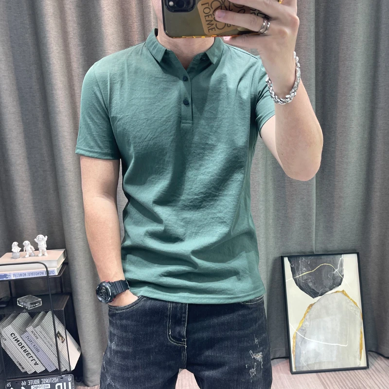 polo衫男士2025夏季爆款简约中年男装高品质纯色半袖修身棉麻上衣