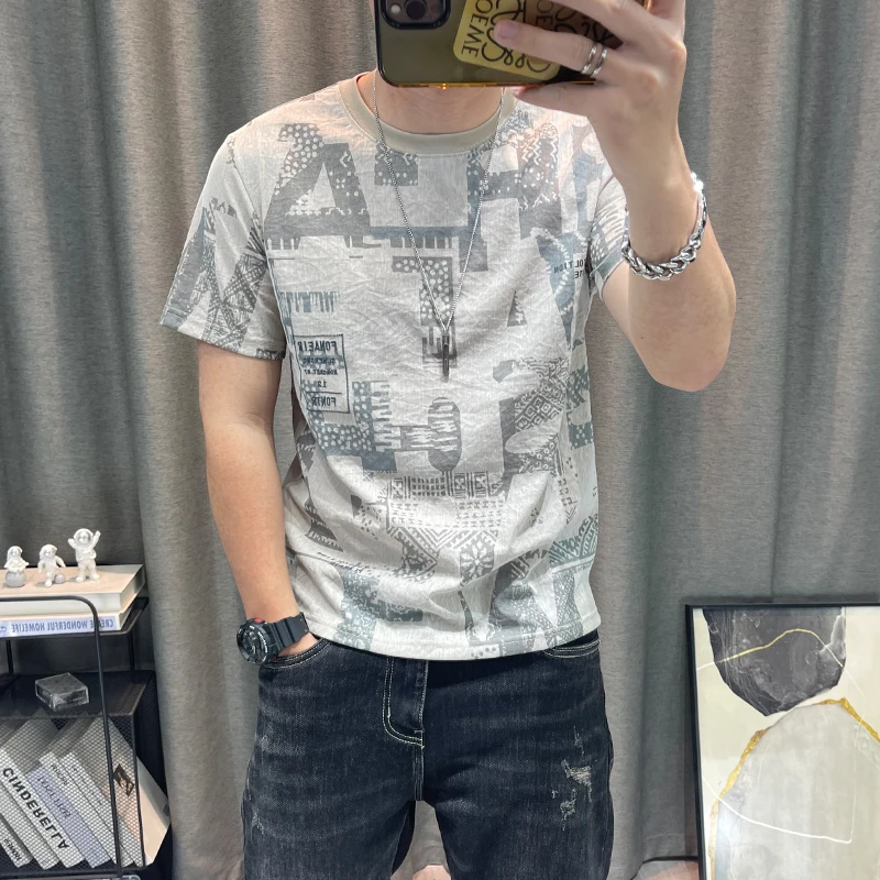 短袖t恤衫男士2025夏季新款满身字母印花高端中老年薄款麻料男装
