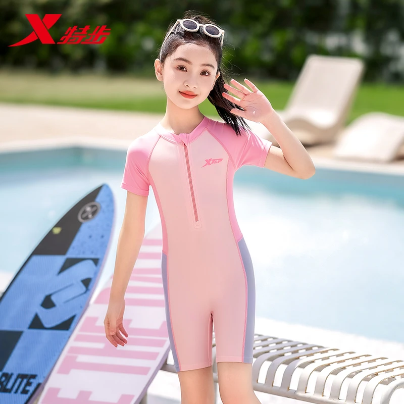 特步儿童泳衣女童宝宝夏季训练连体时尚泳装女孩保守潜水平角裤