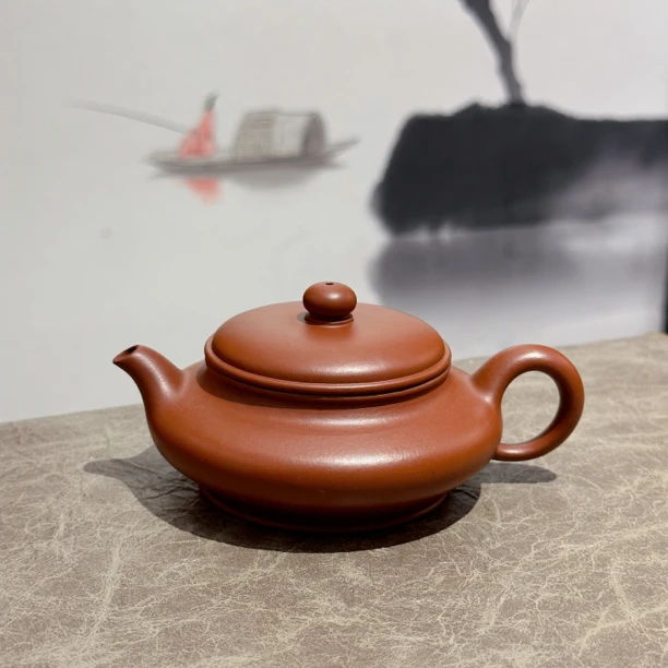吴义永虚扁壶170cc潮州手拉朱泥壶全手工茶水壶谢华大师明德园
