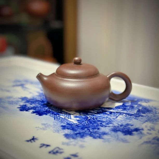 谢思博扁柿壶120cc潮州手拉朱泥壶全手工黑金刚紫泥谢华明德园