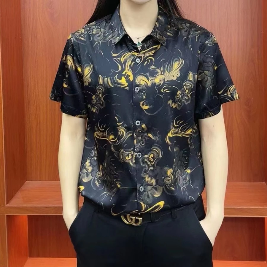 HFJQ新款夏季男士轻奢高端桑蚕丝短袖衬衫面丝滑半袖衬衣（2029）