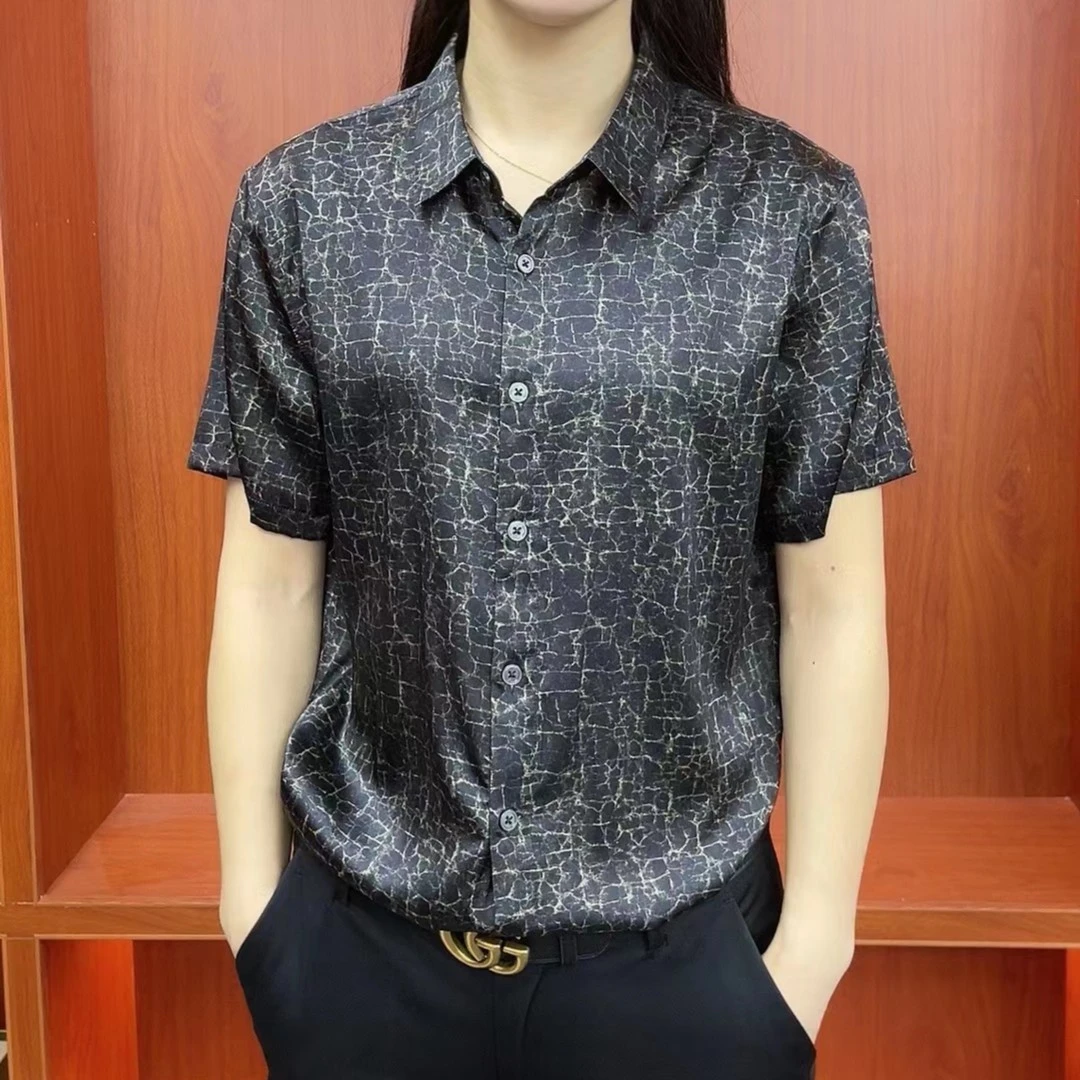 HFJQ新款夏季男士气质百搭时尚休闲桑蚕丝翻领显瘦短袖衬衫（2070）