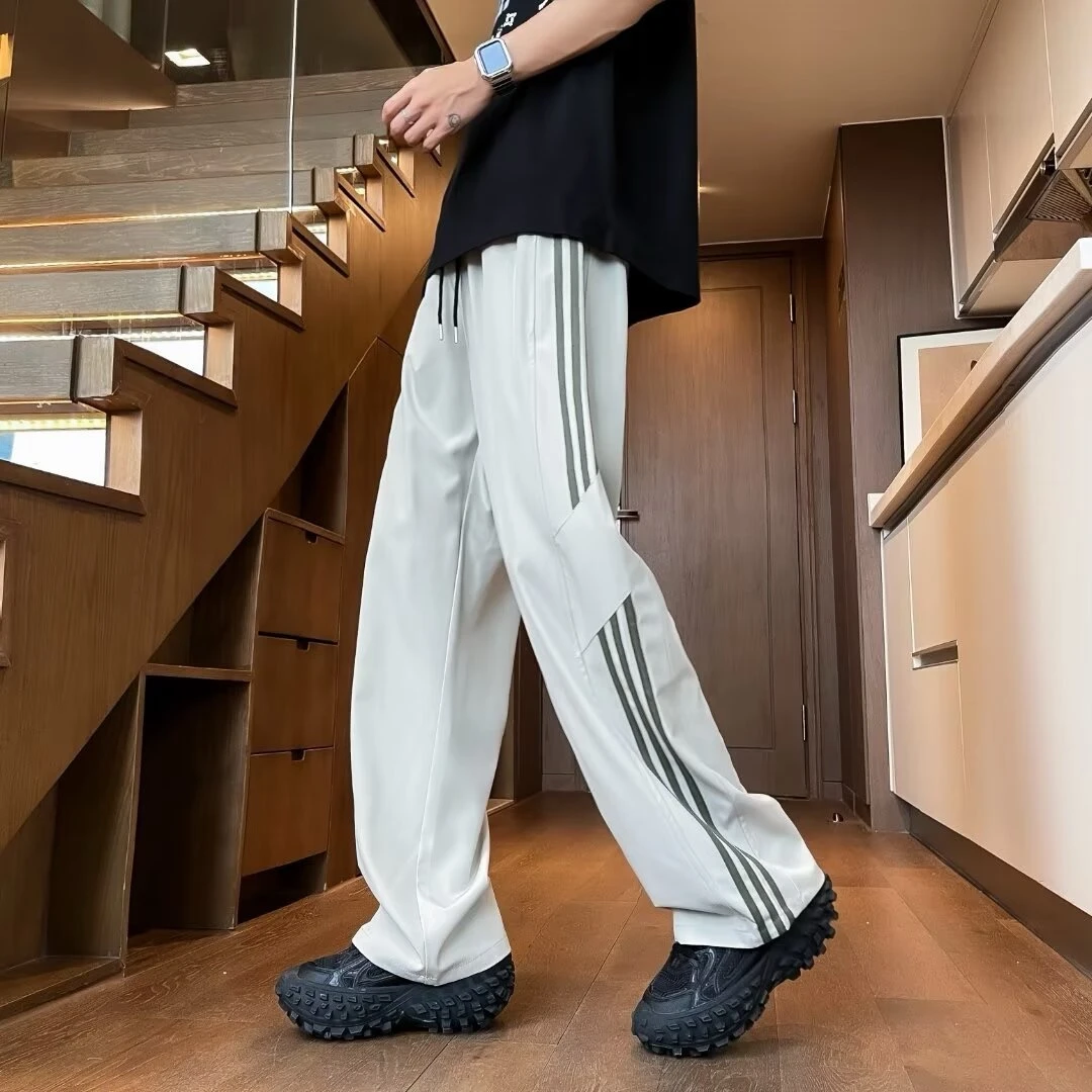 男士夏季2024新款条纹裤宽松阔腿直筒休闲长裤春秋男生运动冰丝裤