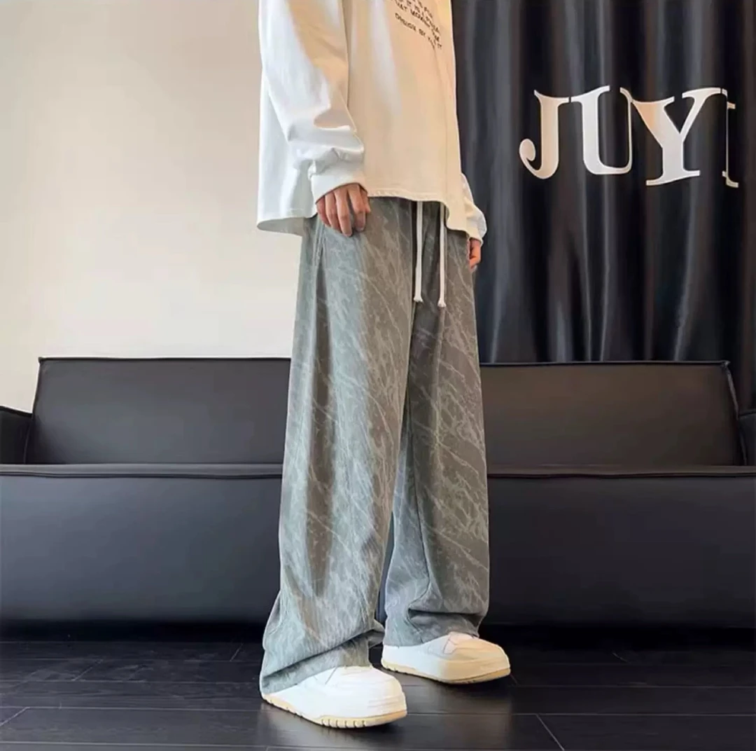 扎染灯芯绒裤子男秋冬款加绒阔腿直筒潮牌宽松长裤美式痞帅休闲裤