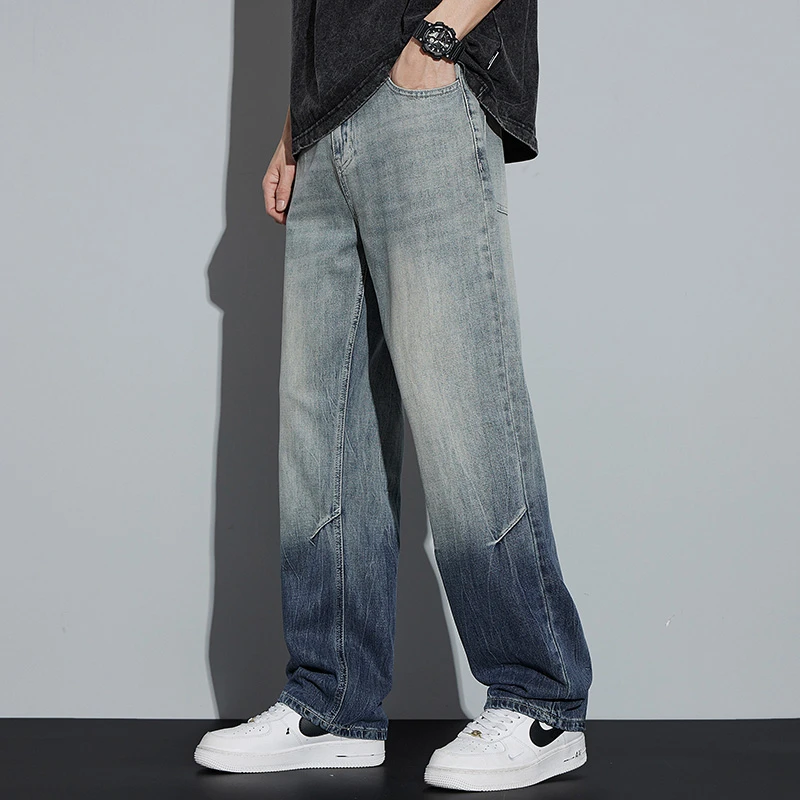 Kuvine秋季款莱赛尔天丝牛仔裤男潮流渐变美式复古浅蓝宽松直筒裤