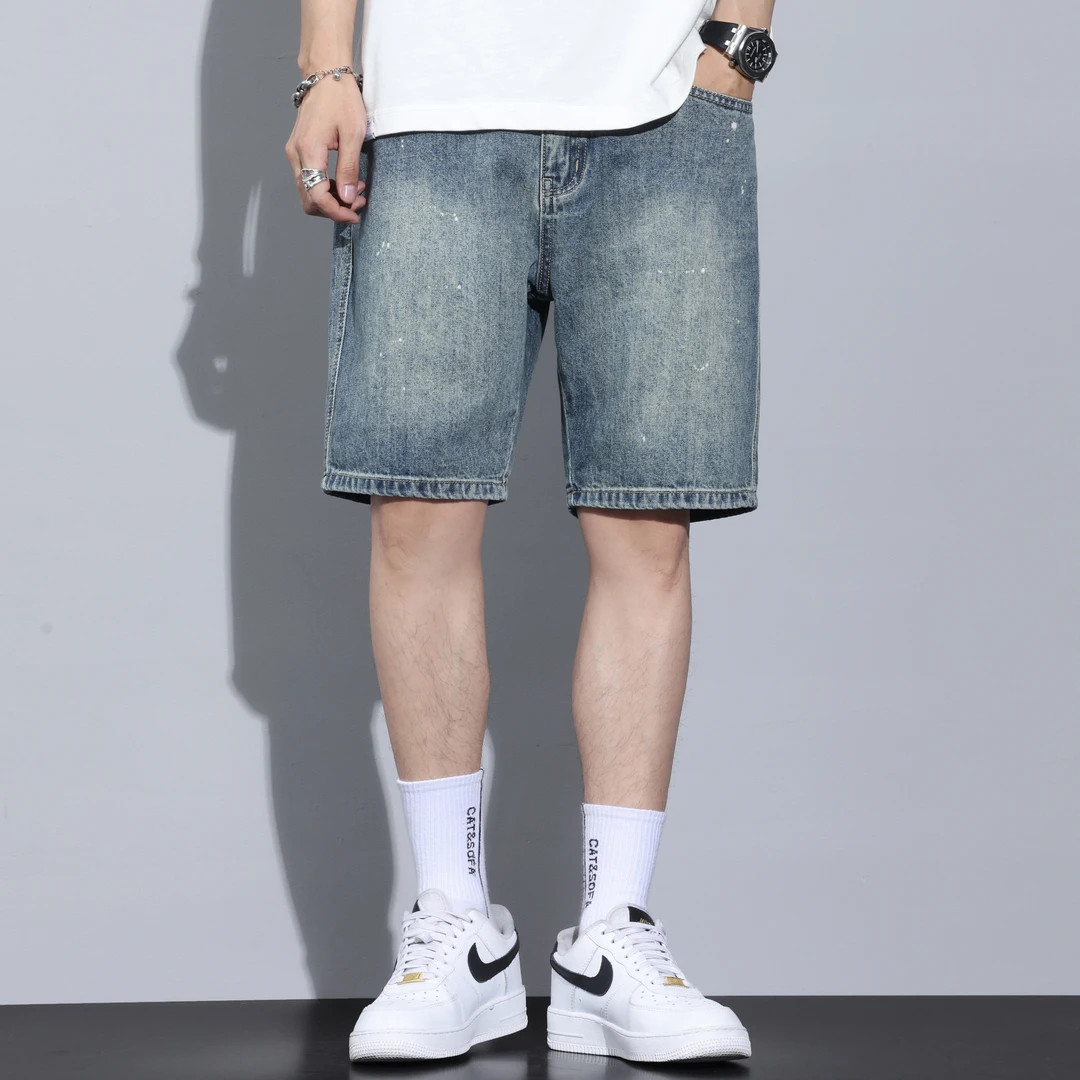 Kuvine美式复古泼墨牛仔短裤男士潮流宽松直筒五分裤帅气休闲百搭
