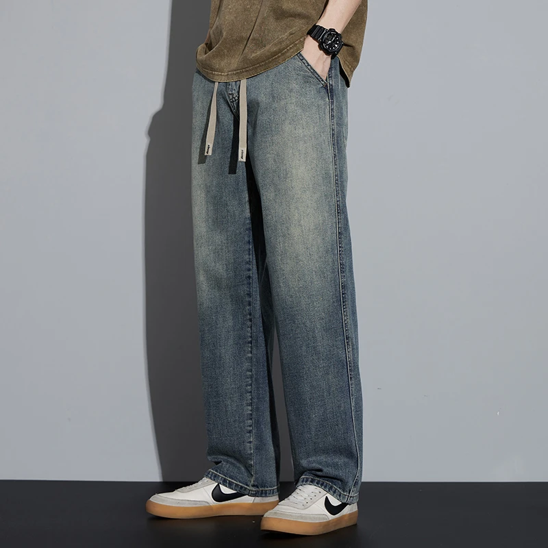 Kuvine男士松紧腰牛仔裤2025秋季新款宽松直筒美式复古休闲长裤子