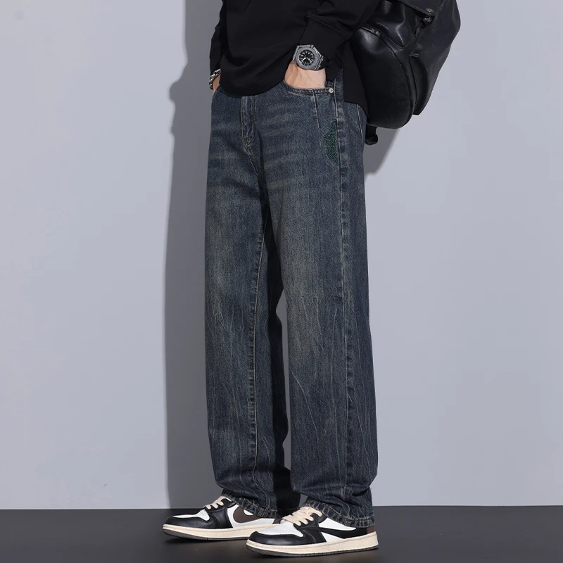 Kuvine秋季款潮流扎花水洗怀旧复古牛仔裤男宽松直筒国潮休闲长裤