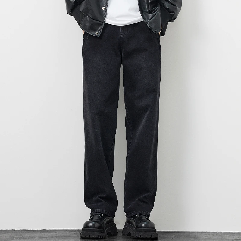 Kuvine秋冬款水洗牛仔裤男黑色美式高街复古宽松直筒阔腿潮流加绒