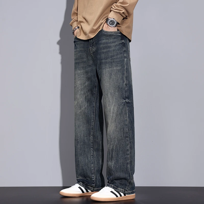 Kuvine潮流美式扎花水洗牛仔裤男士秋冬新款宽松直筒复古怀旧长裤