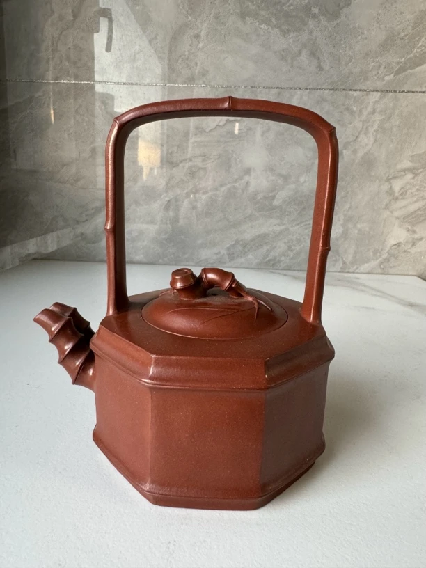 早期汪寅仙八方双嘴竹鼓提梁壶，650毫升长17厘米宽13厘米高19厘米