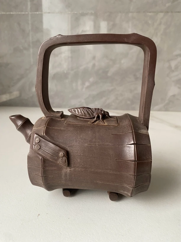 回流金蟾提梁紫砂壶，原矿老紫泥，350毫升，全手工制作，底款鸣遠