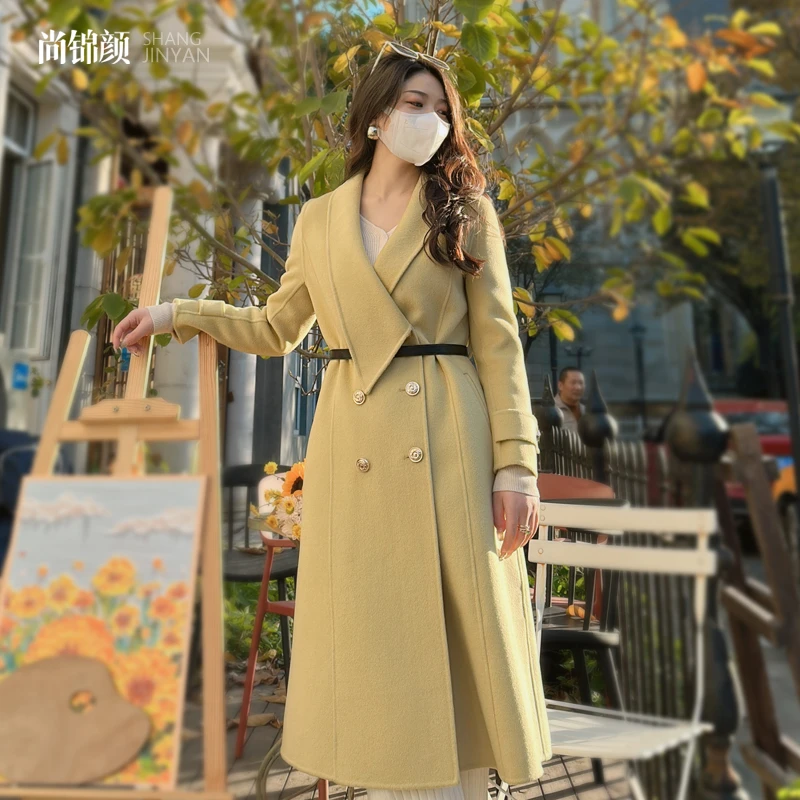 尚锦颜【断码清】设计师款双面绵羊毛大衣女中长款毛呢外套修身气质