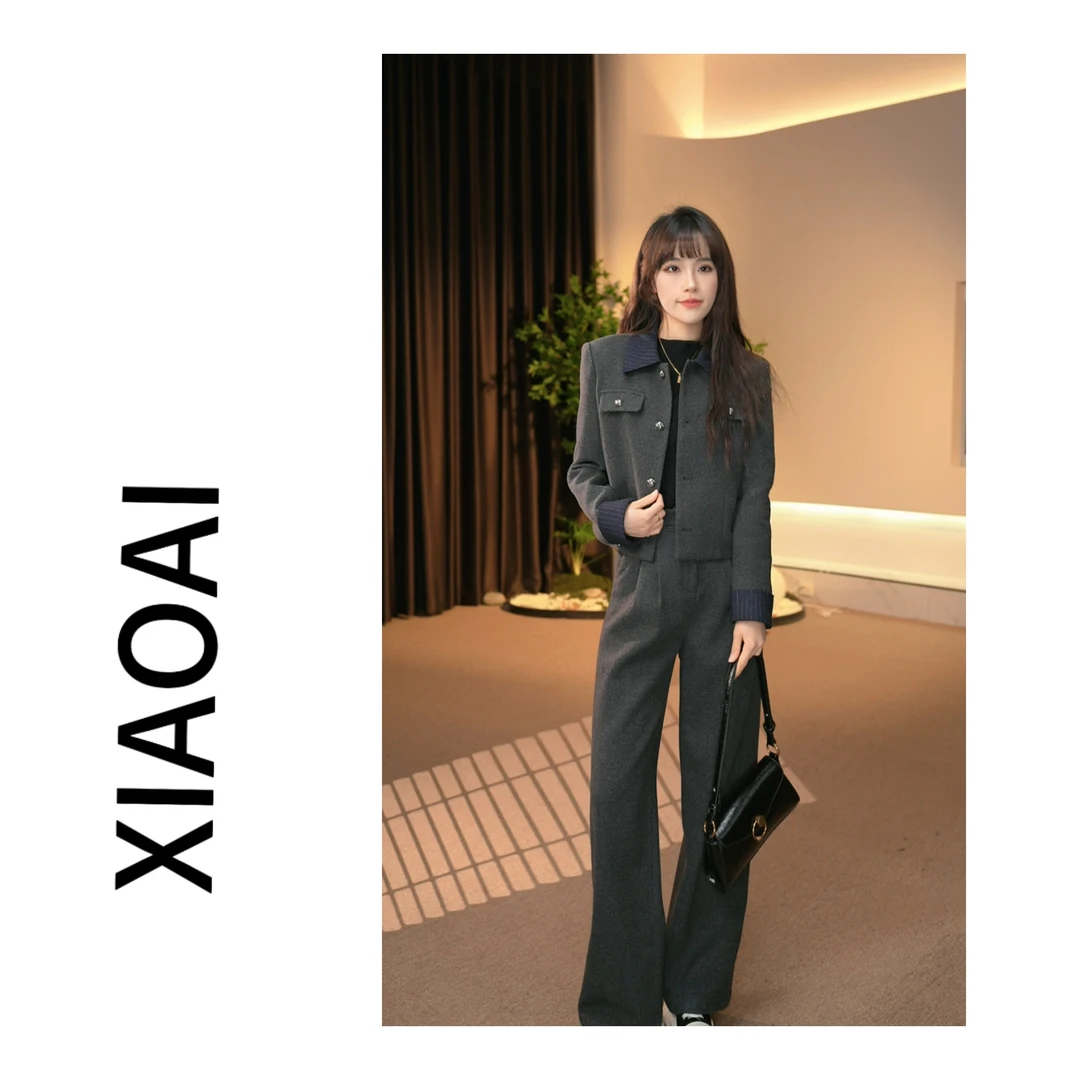 A设计感POLO领牛仔拼接2024秋冬高级感羽绒拼接外套+直筒裤套装女