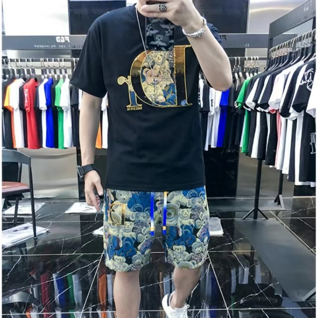 夏季男士短袖套装休闲宽松五分裤套装短裤时尚潮流冰丝T恤两件套