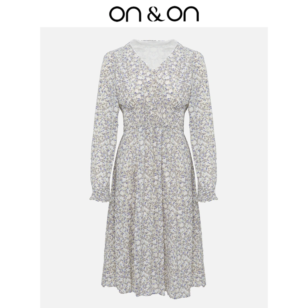 ON&ON/安乃安秋冬新款V领淡碎花收腰显瘦气质女连衣裙N3SC1610891