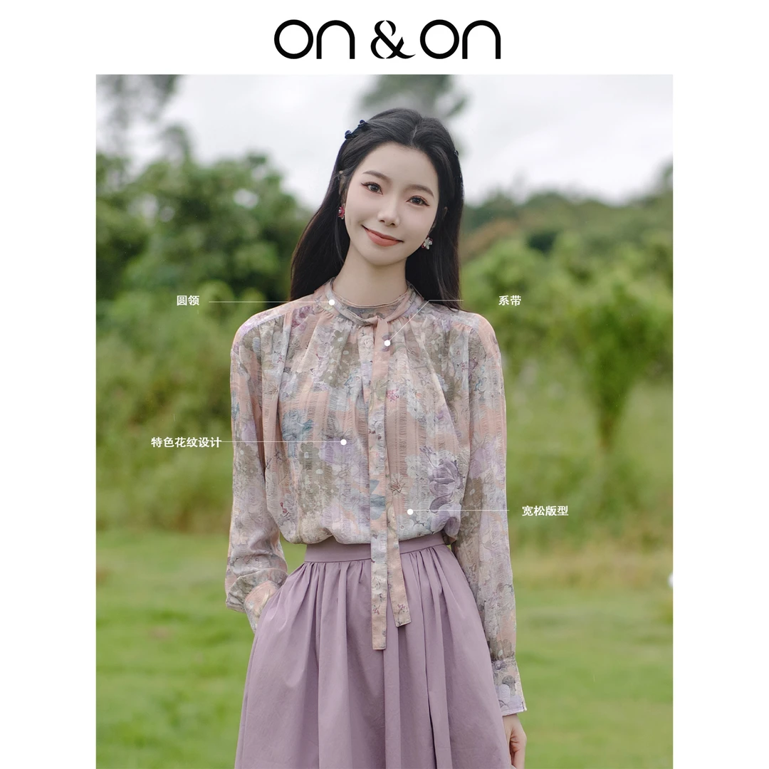 ON&ON/安乃安2025春季流光风圆领碎花印花系带衬衫-N4SA6325871