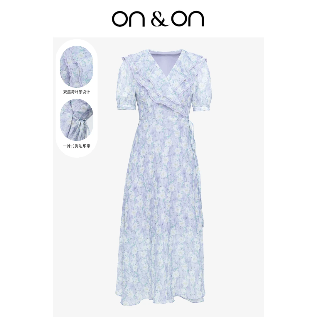 ON&ON/安乃安夏季新款荷叶边V收腰茶歇一片式碎花连衣裙N3SH16055