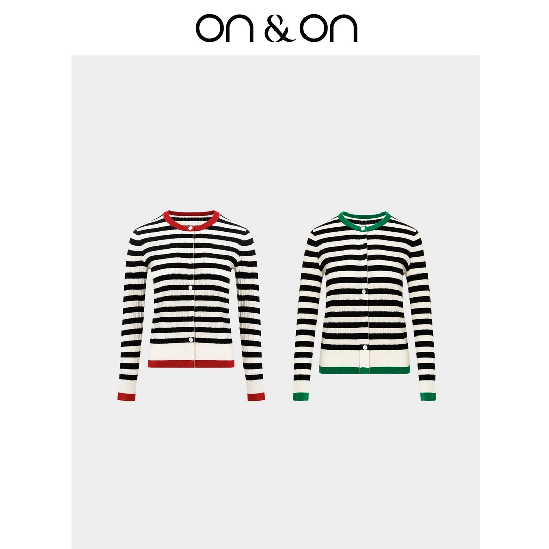 ON&ON/安乃安秋冬新款圆领撞色经典百搭条纹针织开衫-N4SW63291