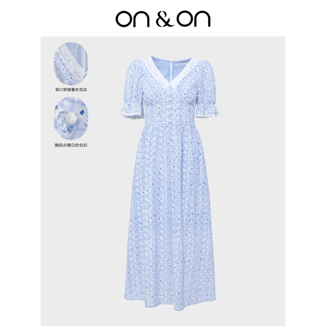 ON&ON/安乃安24夏季新蓝色V领绣花温柔蕾丝拼接女连衣裙N3SW16067