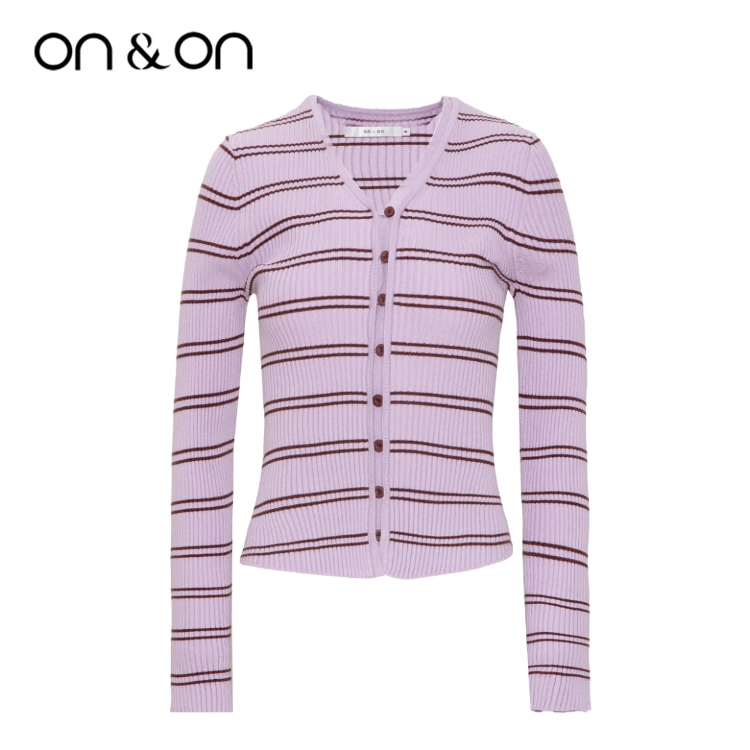 ON&ON/安乃安25春秋女时尚撞色减龄V领条纹弹力长袖毛衣N2AU07055