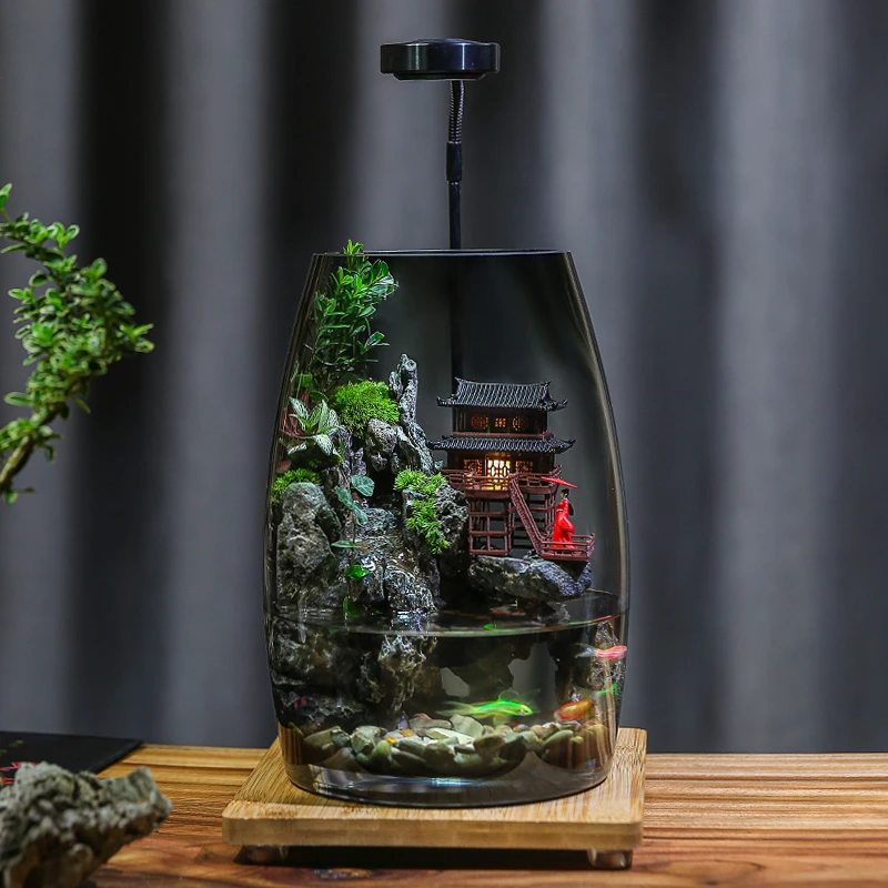 [石生泉]桌面流水款养鱼缸真植物真苔藓微景观生态瓶