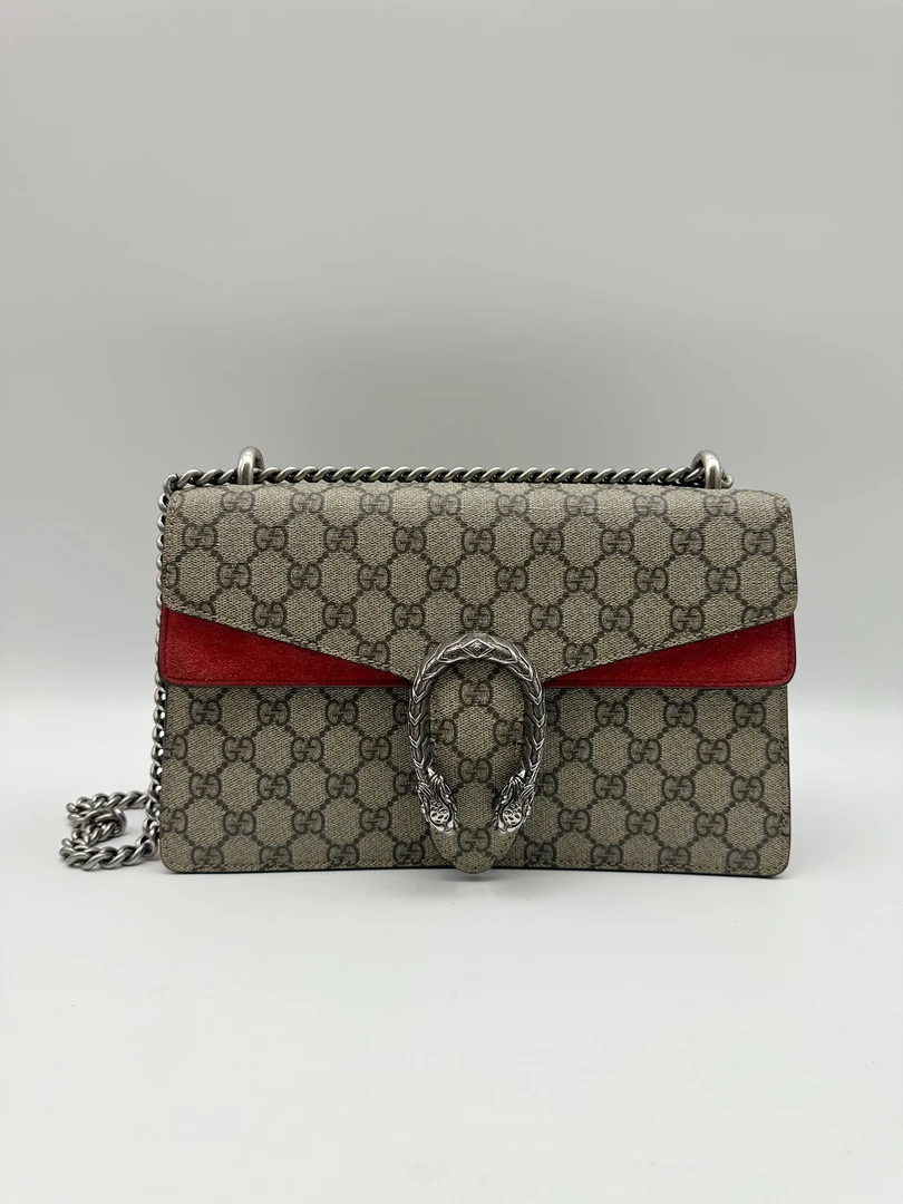 95新 GUCCI/古驰 老花拼红色中号酒神链条包