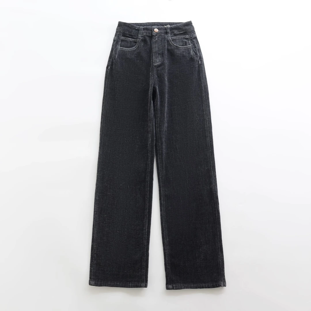 喜柿-【霜露绒牛仔】冬季斜纹弹力加绒羽纱窄版直筒牛仔裤