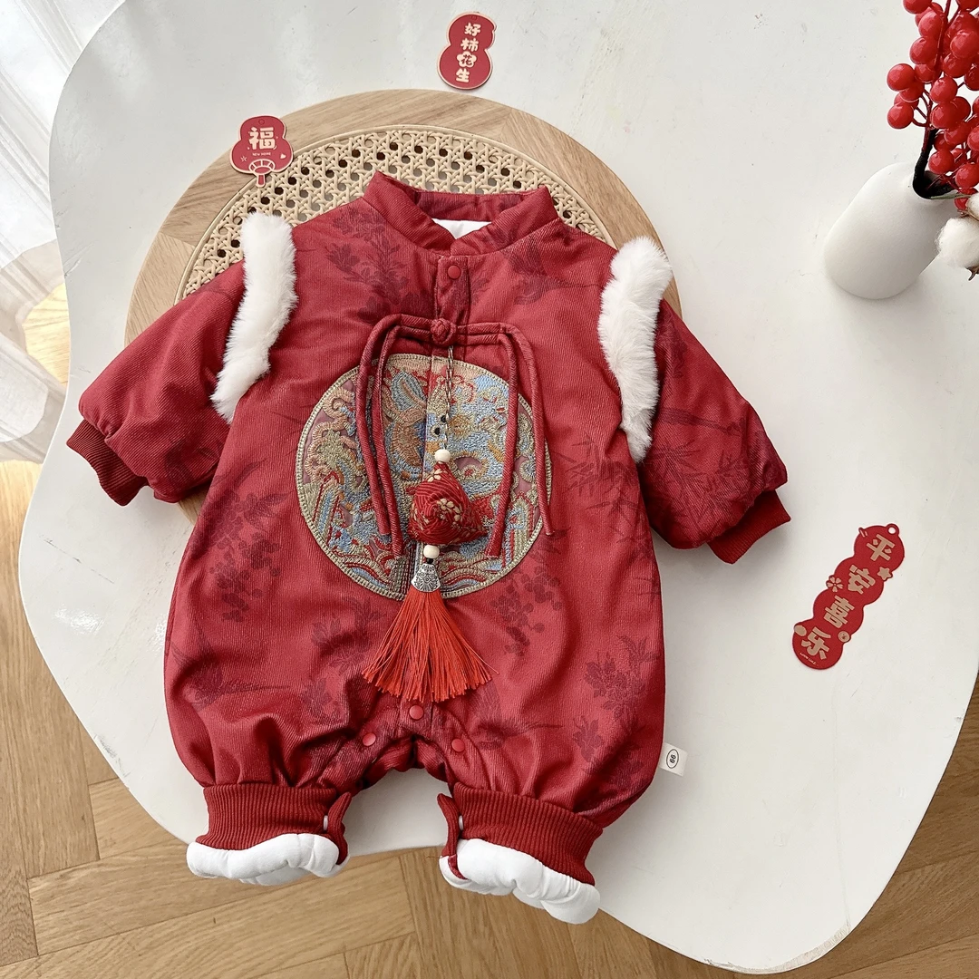 送挂件配饰婴儿喜庆拜年服0-2岁冬中国风宝宝夹棉加厚连衣AL746