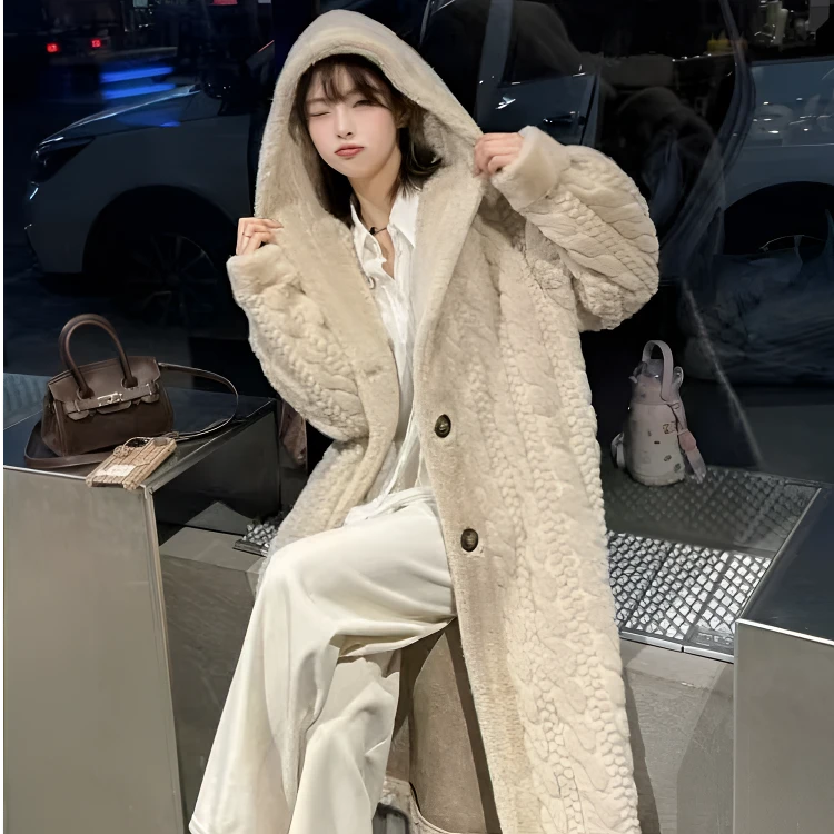 2024冬季麻花新款慵懒风皮毛一体长款毛毛大衣环保草草貂绒外套
